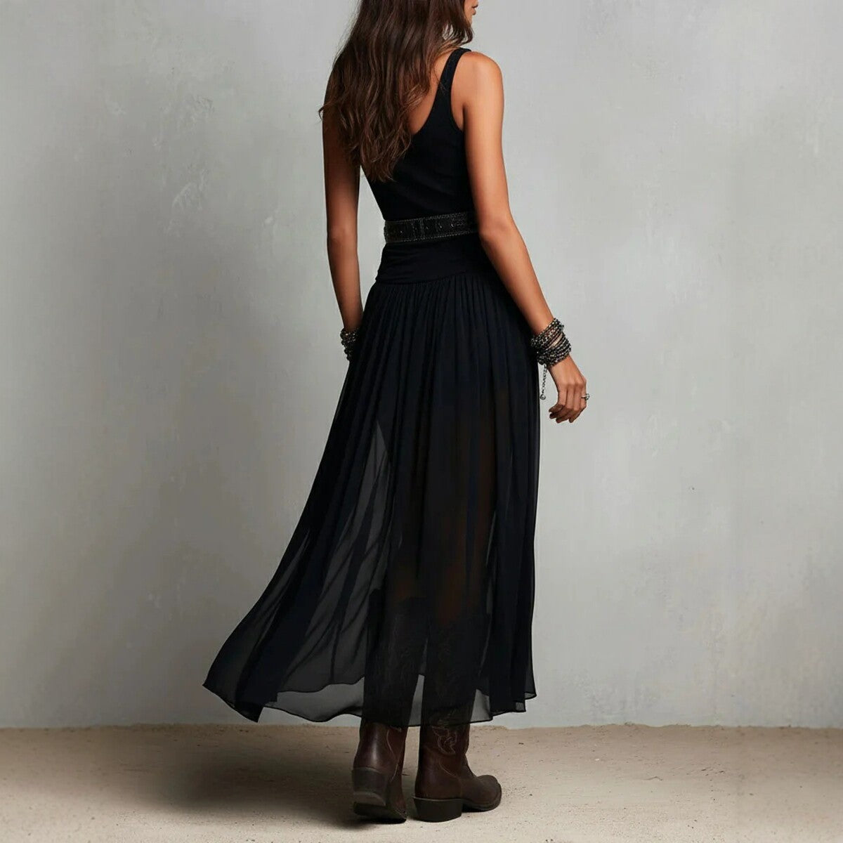 Black Long Strap Dress for Women, Mesh Slip Dress with Belt, Pleated V-Neck, Streetwear Summer Elegant