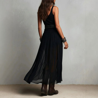 Black Long Strap Dress for Women, Mesh Slip Dress with Belt, Pleated V-Neck, Streetwear Summer Elegant