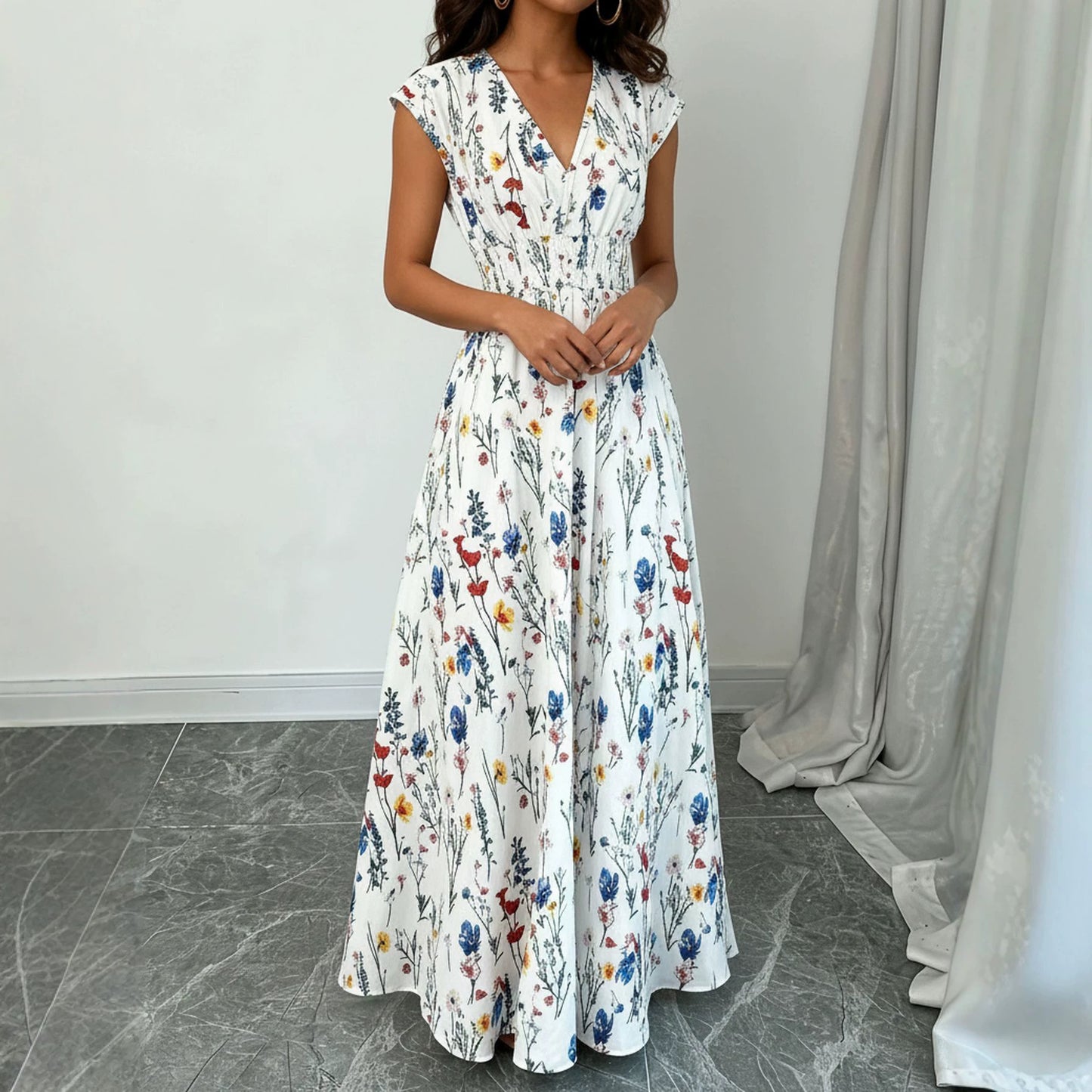 White V Neck Long Dress, Lace Up A-line Floral Elegant Pullover, Summer Occasion Dress