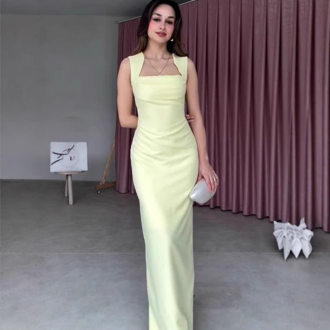 Light Yellow Strap Fishtail Dress, Slim Fit Maxi, Sexy Sleeveless Summer Dress, Elegant Polyester Party Gown