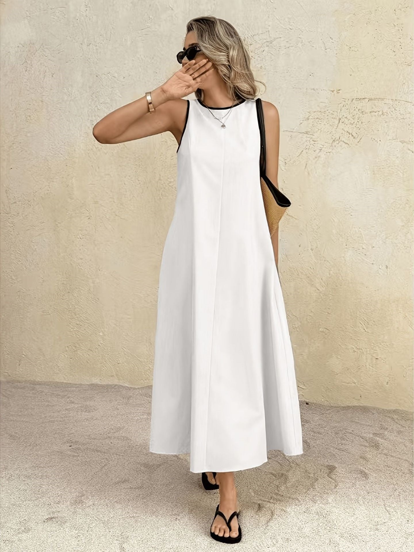 White Summer Vest Long Dress, Solid Color A-Line Maxi, Sleeveless High Waist, Elegant Japanese Style, Polyester