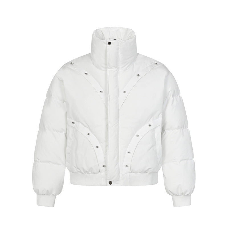 Beaded Design Thick Stand-up Collar Puffer Jacket for Men and Women Casual Warm Cotton Coat