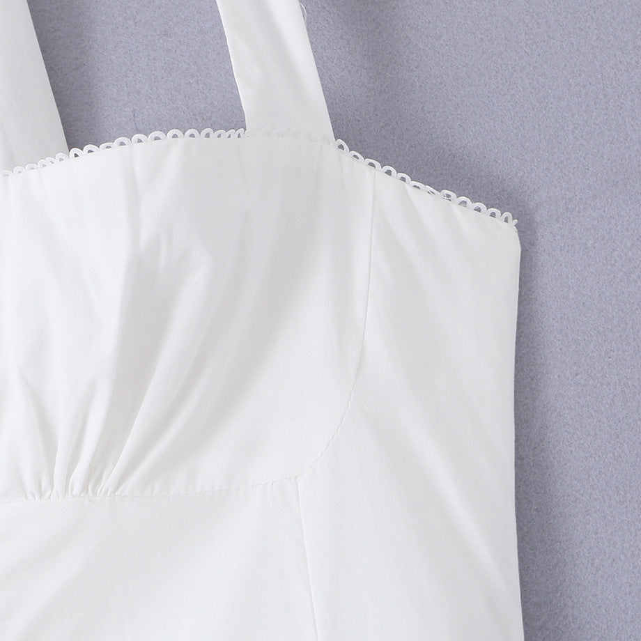 White Vintage Style Mid Length Dress, Strapless Button Up Sleeveless Elegant A-Line Summer Polyester