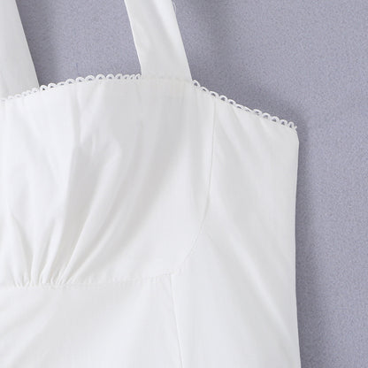 White Vintage Style Mid Length Dress, Strapless Button Up Sleeveless Elegant A-Line Summer Polyester