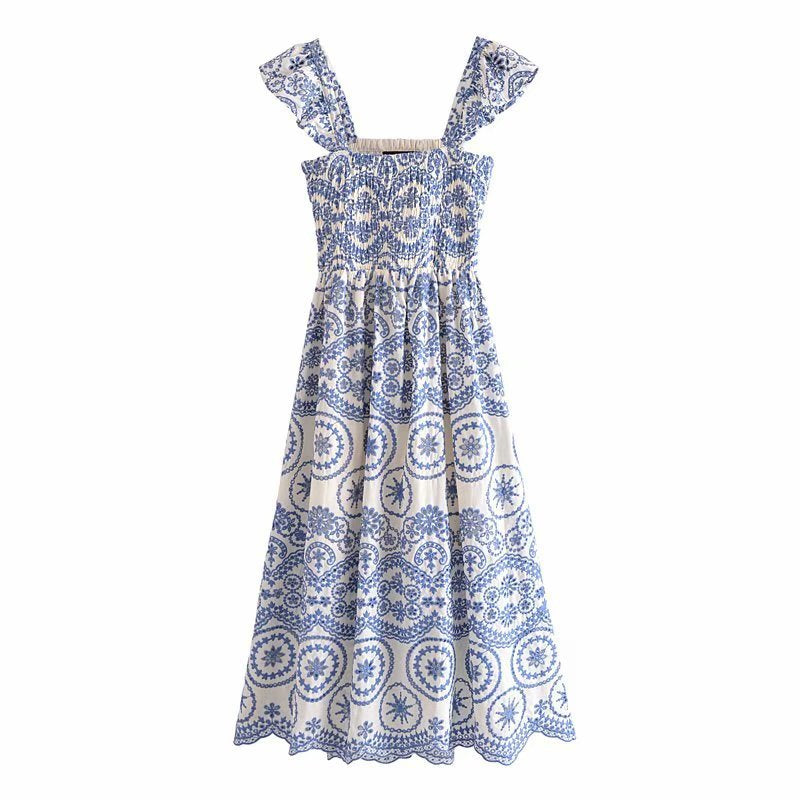 Summer Embroidered Hollow Suspender Dress for Women – Elegant Polyester Sundress, New Printed Design