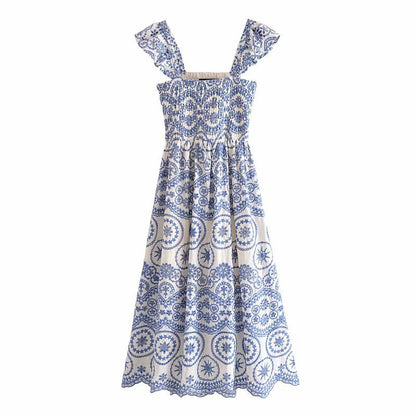 Summer Embroidered Hollow Suspender Dress for Women – Elegant Polyester Sundress, New Printed Design