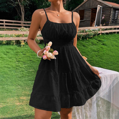 Swiss Dot Print Strap Dress for Women Summer Mini Umbrella Skirt, High Waist Polyester Camisole, Elegant Casual Clothing