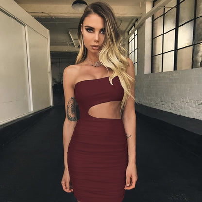Sexy Summer Oblique Shoulder Mini Dress for Women, Stretch Polyester, Ruched Bodycon Party Dress, New Collection