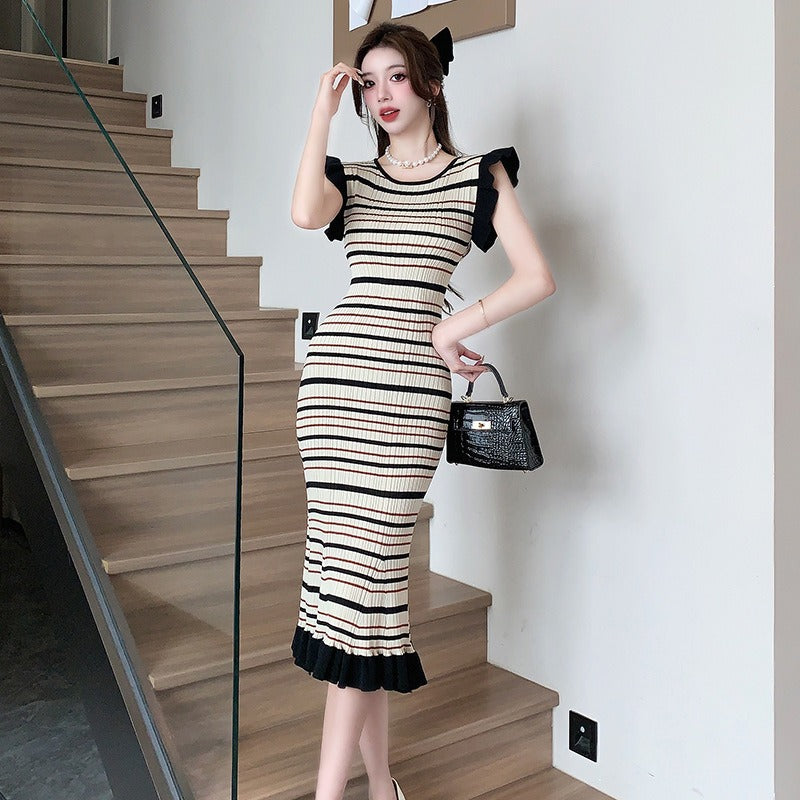 Striped Knitwear Midi Dress Women’s Summer Hip Wrap Polyester Short Sleeve Round Neck Effortless Style
