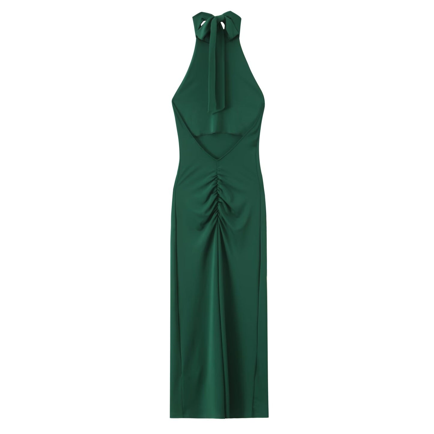 Dark Green MIDI Dress, Summer High Neck Sleeveless Straight Skirt, Hanging Collar, Polyester, Casual Elegant