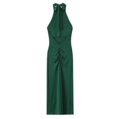 Dark Green MIDI Dress, Summer High Neck Sleeveless Straight Skirt, Hanging Collar, Polyester, Casual Elegant