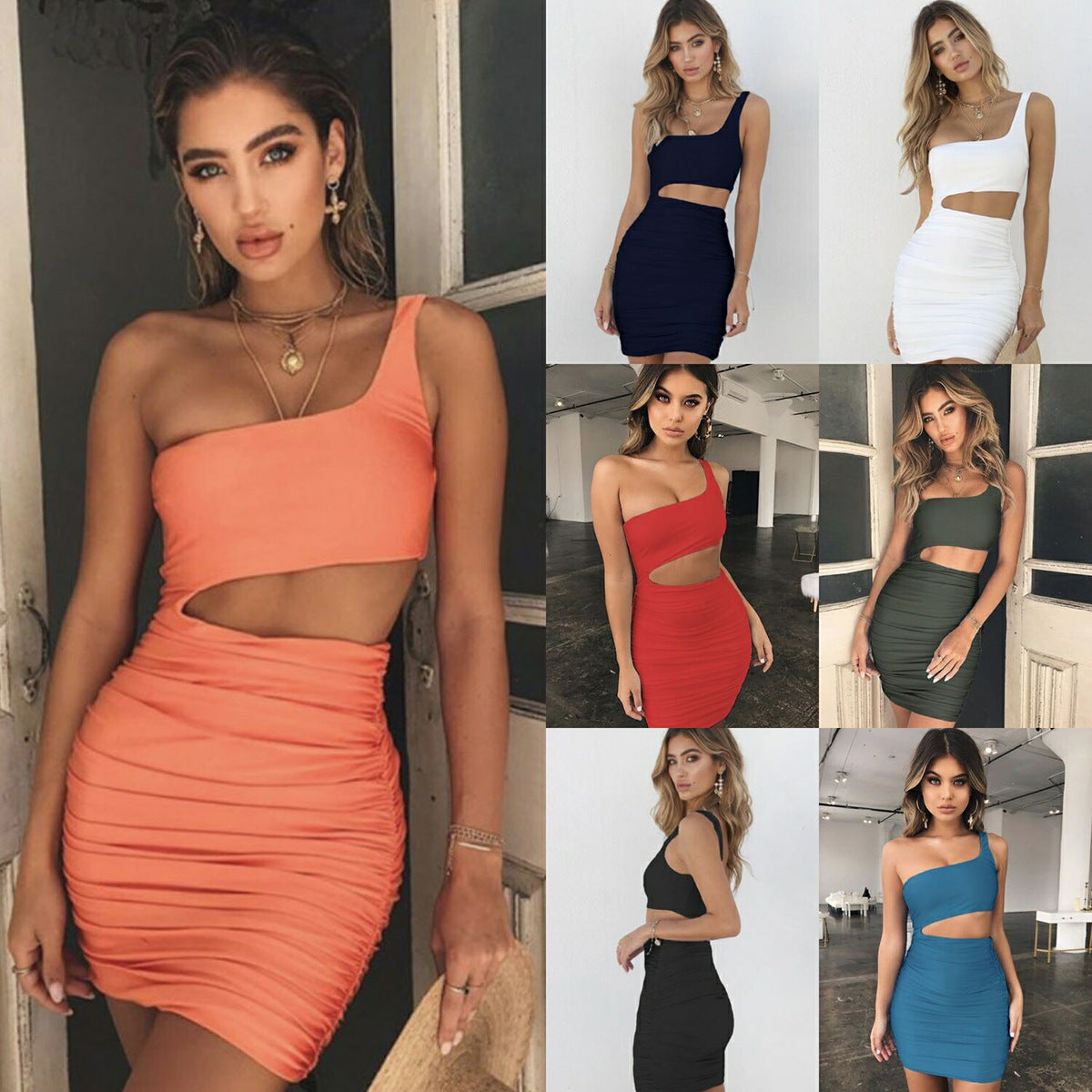 Sexy Summer Oblique Shoulder Mini Dress for Women, Stretch Polyester, Ruched Bodycon Party Dress, New Collection