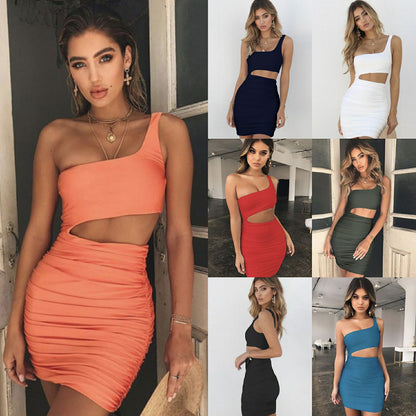 Sexy Summer Oblique Shoulder Mini Dress for Women, Stretch Polyester, Ruched Bodycon Party Dress, New Collection