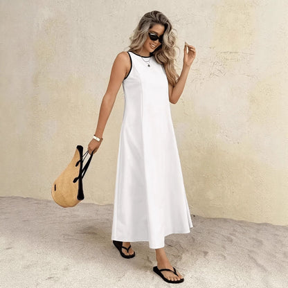 White Summer Vest Long Dress, Solid Color A-Line Maxi, Sleeveless High Waist, Elegant Japanese Style, Polyester