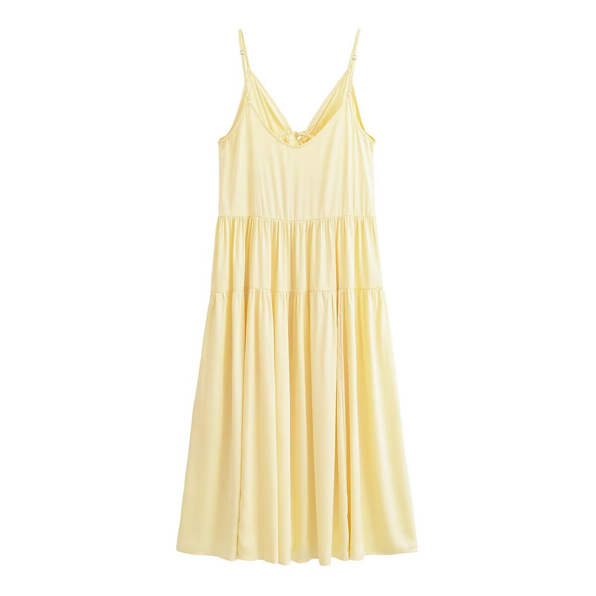 Yellow Pleated Maxi Dress, Sleeveless Deep V-Neck, Elastic Polyester, Summer Hot Girl Casual Style