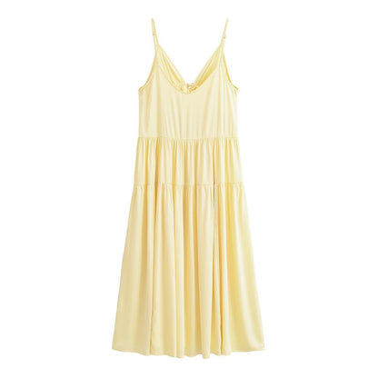 Yellow Pleated Maxi Dress, Sleeveless Deep V-Neck, Elastic Polyester, Summer Hot Girl Casual Style