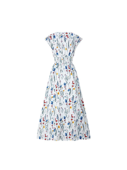 White V Neck Long Dress, Lace Up A-line Floral Elegant Pullover, Summer Occasion Dress