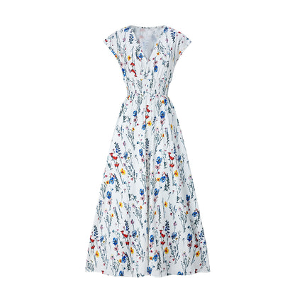 White V Neck Long Dress, Lace Up A-line Floral Elegant Pullover, Summer Occasion Dress