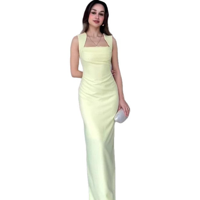 Light Yellow Strap Fishtail Dress, Slim Fit Maxi, Sexy Sleeveless Summer Dress, Elegant Polyester Party Gown