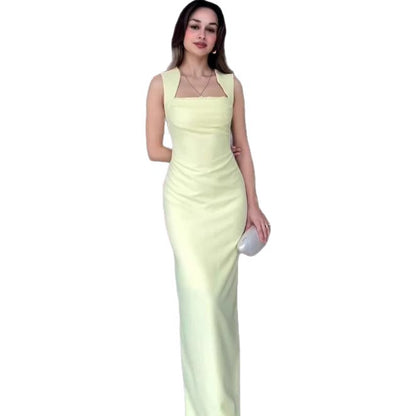 Light Yellow Strap Fishtail Dress, Slim Fit Maxi, Sexy Sleeveless Summer Dress, Elegant Polyester Party Gown