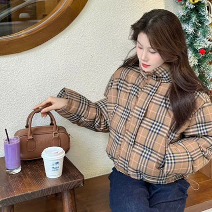 Winter New  Plaid Short Puffer Coat for Petite Women, Thick Warm Cotton Jacket, Fashionable Hooded Outwear