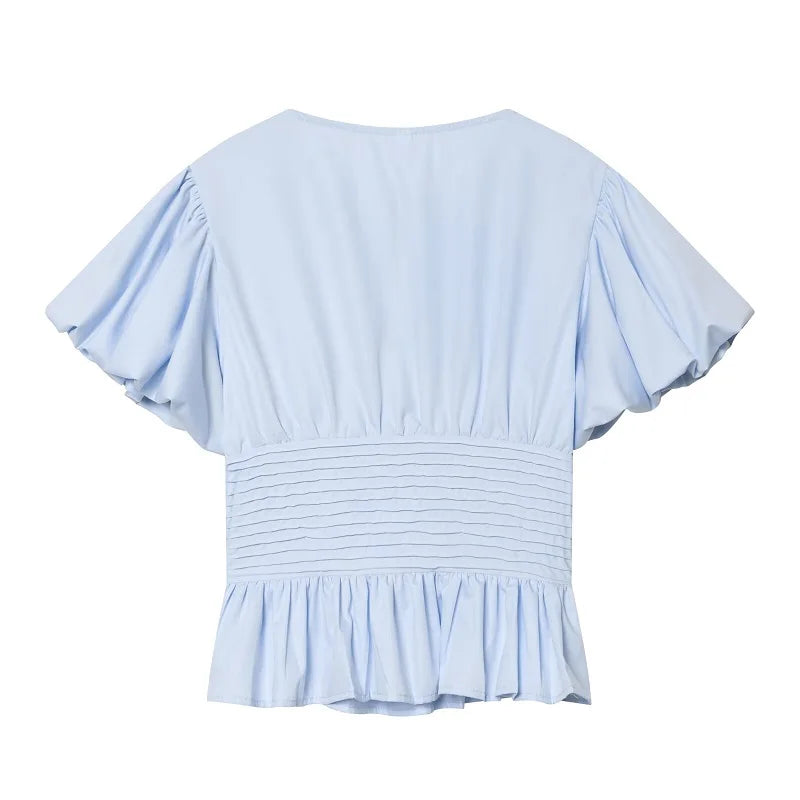 Ruffle Puff Sleeve Blouse Women's Slim Fit Cropped Single Breasted Casual Summer Top Lightweight Sky Blue