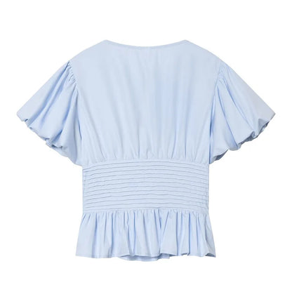Ruffle Puff Sleeve Blouse Women's Slim Fit Cropped Single Breasted Casual Summer Top Lightweight Sky Blue