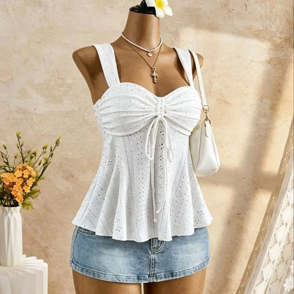 White Eyelet Lace Ruched Cami Top Women's Sleeveless Peplum Tie Front Casual Summer Knit White
