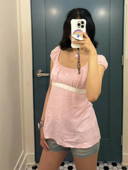 Y2K Babydoll Crop Top for Women V Neck Cap Sleeve Lace Tie Back Slim Fit Flowy Polka Dot Fairy Grunge Summer Blouse