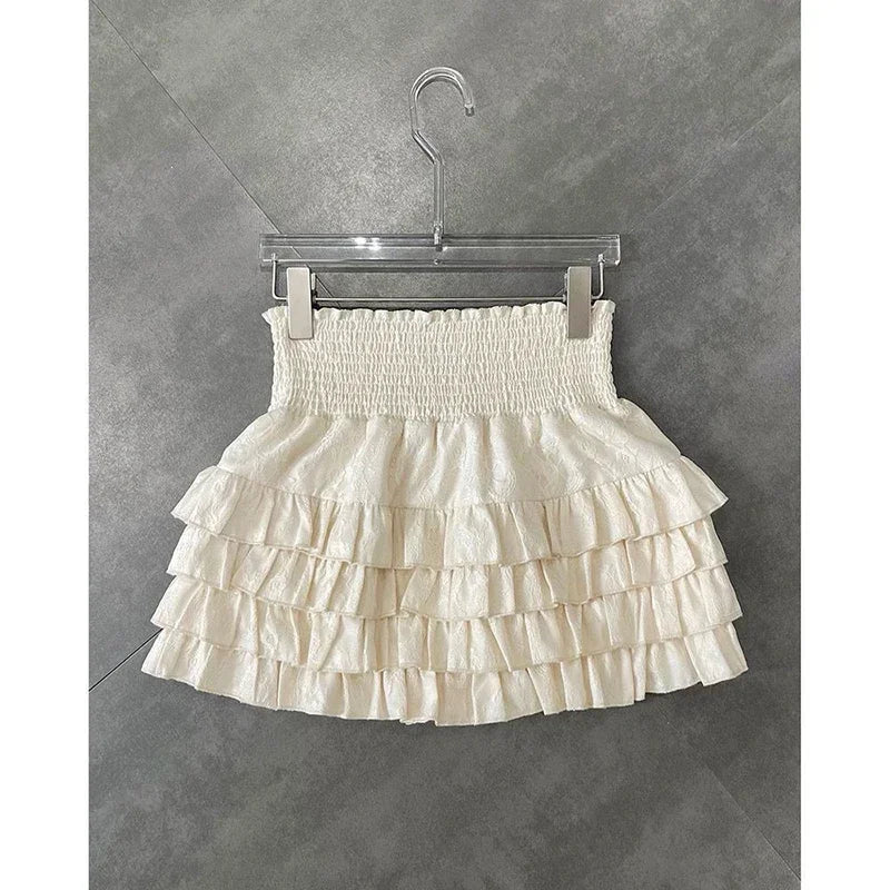 Playful High Waist Ruffle Mini Skirt Women's A-Line Lace Broadcloth, Cute Summer Streetwear, Black, Lightweight Fit