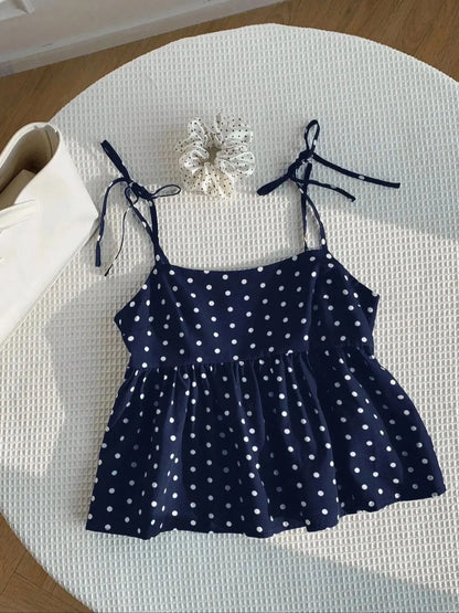 Playful Polka Dot Crop Top Women's Babydoll Cami Spaghetti Strap Lace Sleeveless Cute Casual Summer Spring Red Black Blue White Brown