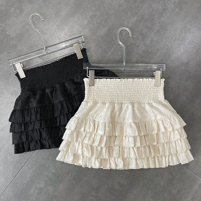Playful High Waist Ruffle Mini Skirt Women's A-Line Lace Broadcloth, Cute Summer Streetwear, Black, Lightweight Fit