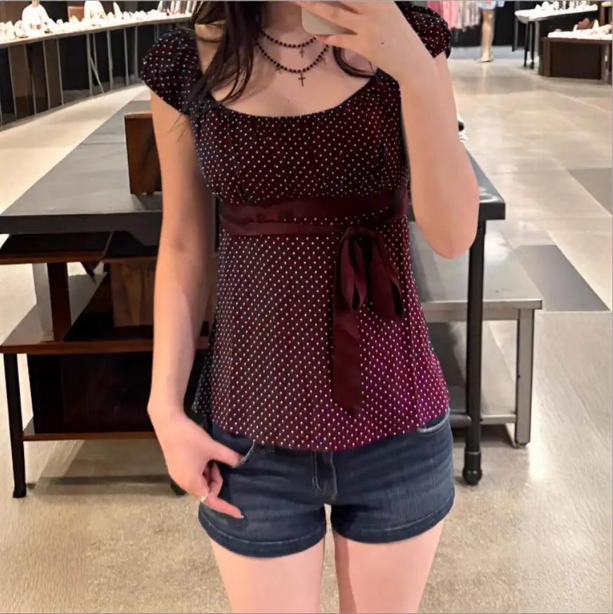 Y2K Babydoll Crop Top for Women V Neck Cap Sleeve Lace Tie Back Slim Fit Flowy Polka Dot Fairy Grunge Summer Blouse