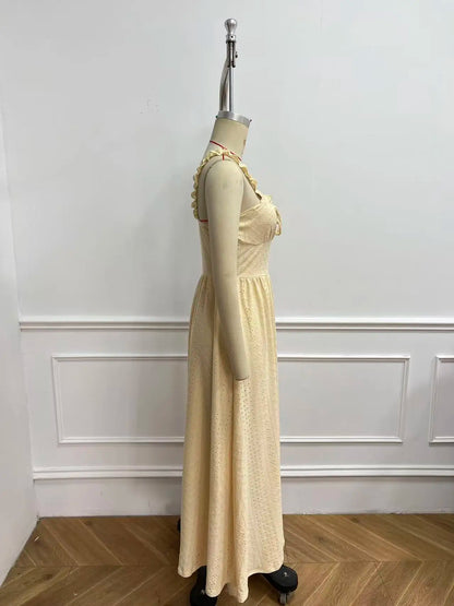 Summer Knit Maxi Dress Women's Casual Sleeveless Spaghetti Strap Pullover Beachwear Lightweight Yellow Polyester Warm Weather