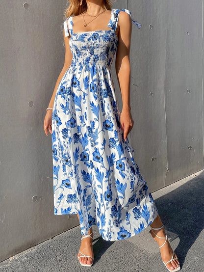 Floral Lace Corset Bodycon Dress Women's Knotted Straps Smocked Waist Party Wedding Guest Summer Blue Polyester
