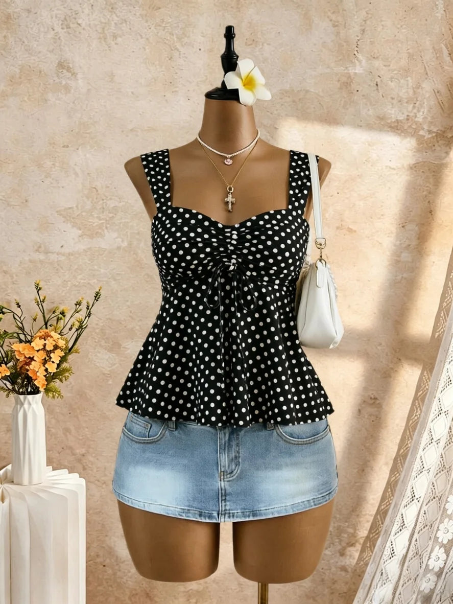 White Eyelet Lace Ruched Cami Top Women's Sleeveless Peplum Tie Front Casual Summer Knit White