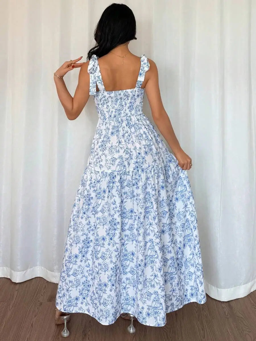 Elegant Floral Print Maxi Dress Women’s Ruffled Pleated Sleeveless V-Neck Summer Gown Garden Party Wedding Guest Sky Blue Polyester