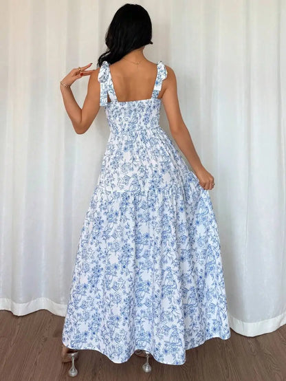 Elegant Floral Print Maxi Dress Women’s Ruffled Pleated Sleeveless V-Neck Summer Gown Garden Party Wedding Guest Sky Blue Polyester