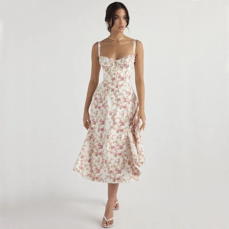 Elegant Floral Halter Camisole Dress Women's Summer Occasionwear Lightweight Natural Fiber Polyester White Multi Deep Blue
