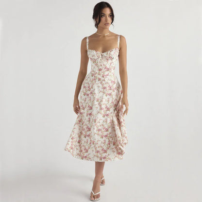 Elegant Floral Halter Camisole Dress Women's Summer Occasionwear Lightweight Natural Fiber Polyester White Multi Deep Blue