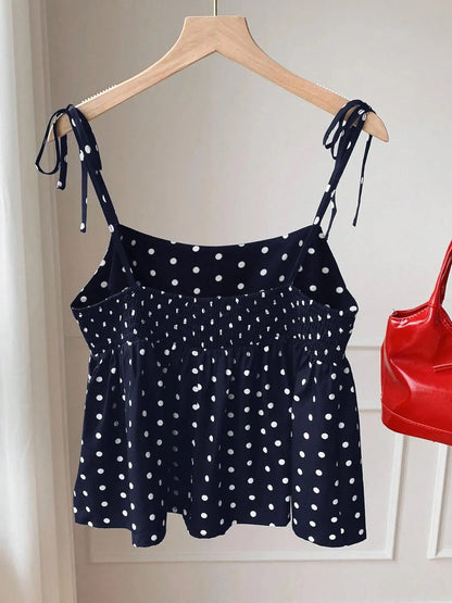 Playful Polka Dot Crop Top Women's Babydoll Cami Spaghetti Strap Lace Sleeveless Cute Casual Summer Spring Red Black Blue White Brown