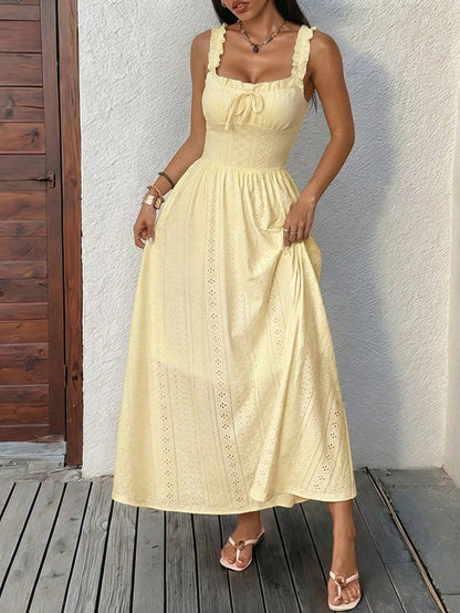 Summer Knit Maxi Dress Women's Casual Sleeveless Spaghetti Strap Pullover Beachwear Lightweight Yellow Polyester Warm Weather