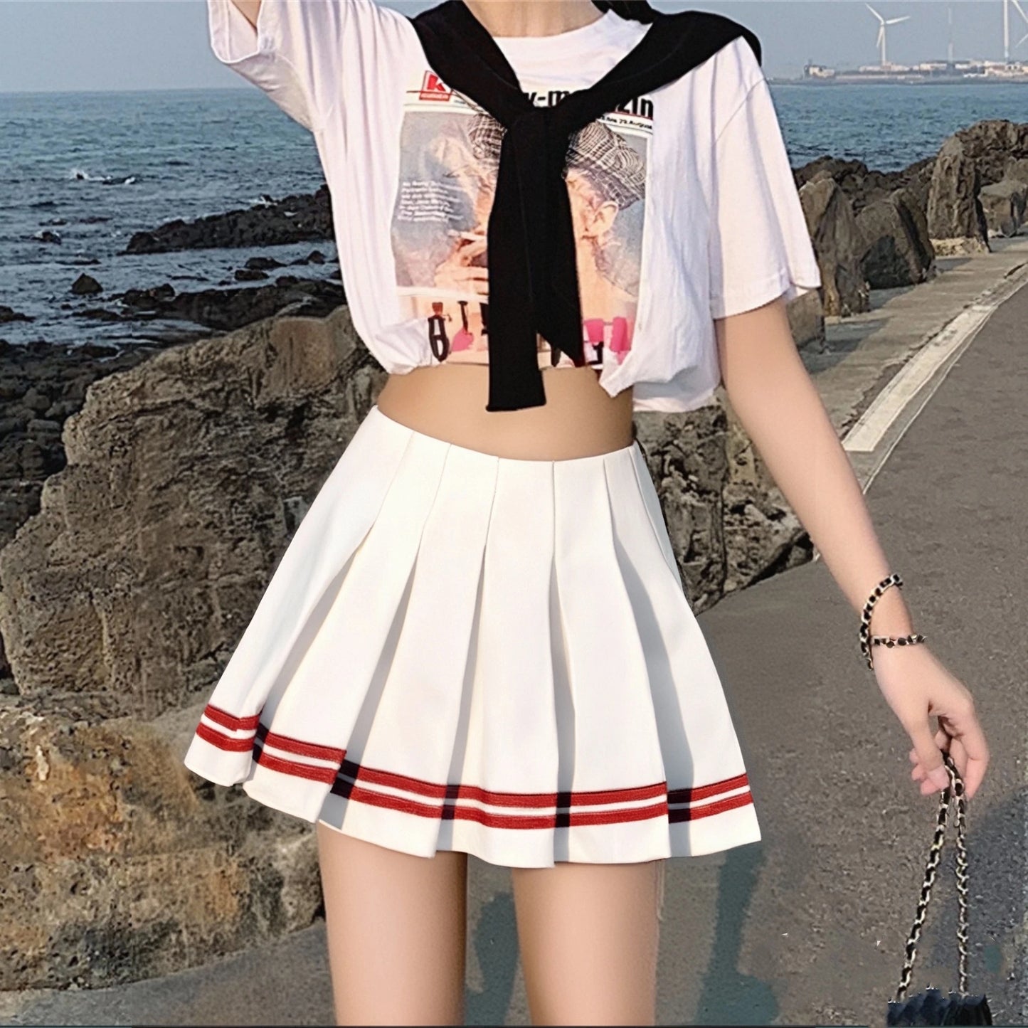 Preppy Pleated Mini Skirt Women’s High Waist A-Line Broadcloth Everyday Street Style, Spring Summer Blue Black Red White