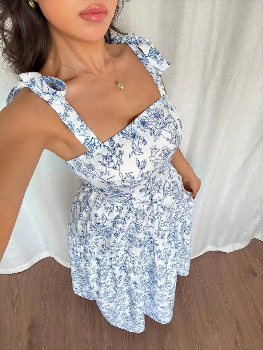 Elegant Floral Print Maxi Dress Women’s Ruffled Pleated Sleeveless V-Neck Summer Gown Garden Party Wedding Guest Sky Blue Polyester