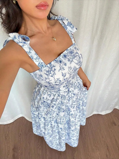 Elegant Floral Print Maxi Dress Women’s Ruffled Pleated Sleeveless V-Neck Summer Gown Garden Party Wedding Guest Sky Blue Polyester