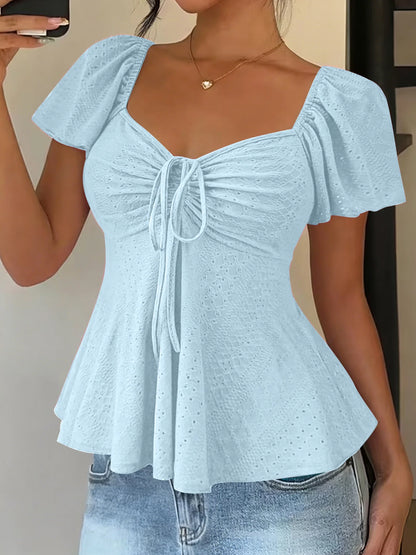 Elegant V Neck Lace Up Drawstring Blouse Women's Casual Short Sleeve Top Loose Fit Pullover Summer Workwear Lightweight Knit Yellow White Black