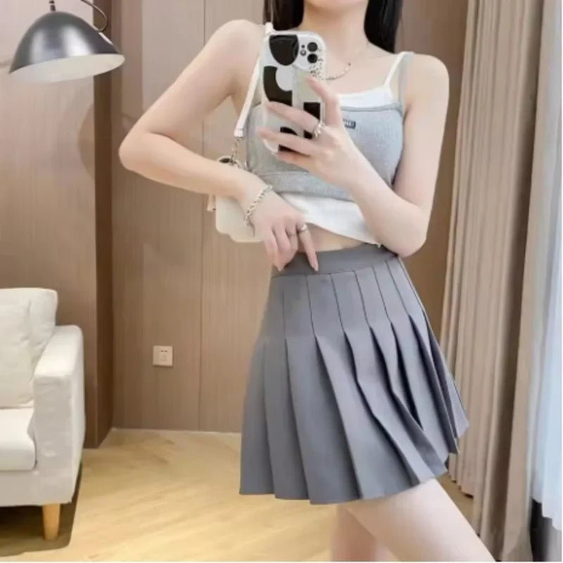 Trendy High Waist Pleated Mini Skirt for Women, Korean Tennis Style, Casual Summer Outfit, Lightweight Polyester, Solid Color