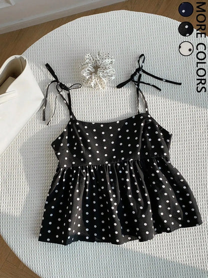 Playful Polka Dot Crop Top Women's Babydoll Cami Spaghetti Strap Lace Sleeveless Cute Casual Summer Spring Red Black Blue White Brown