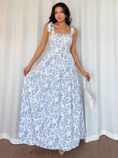 Elegant Floral Print Maxi Dress Women’s Ruffled Pleated Sleeveless V-Neck Summer Gown Garden Party Wedding Guest Sky Blue Polyester