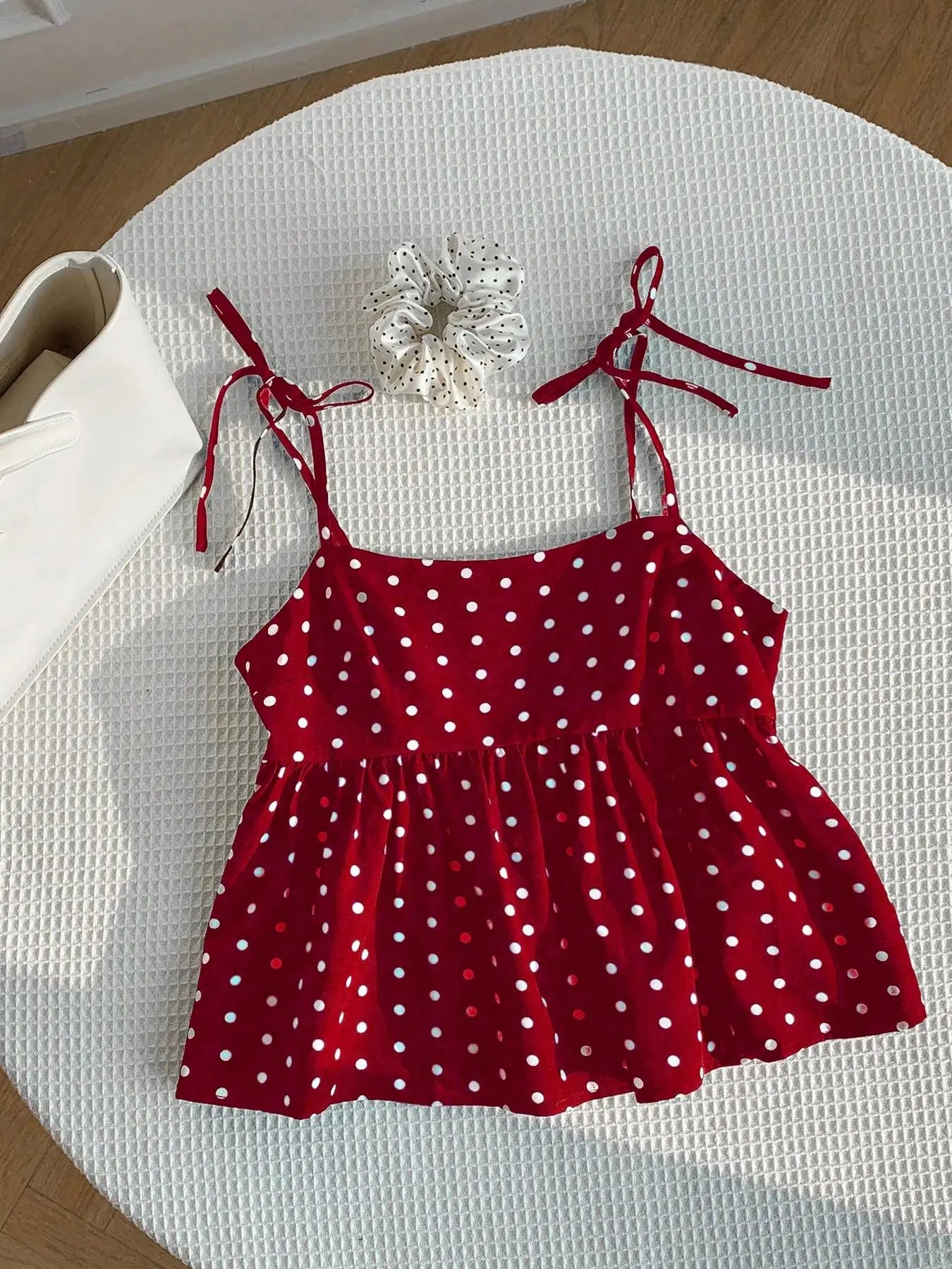 Playful Polka Dot Crop Top Women's Babydoll Cami Spaghetti Strap Lace Sleeveless Cute Casual Summer Spring Red Black Blue White Brown